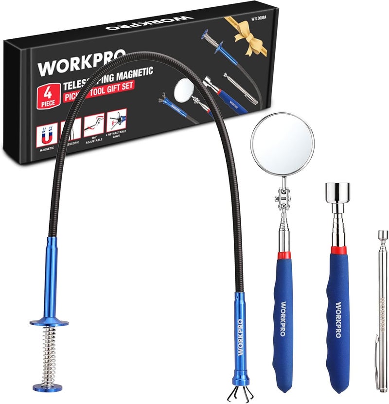 WORKPRO طقم أدوات التقاط مغناطيسية قابلة للتمديد 4 قطع، يتضمن مرآة تفتيش قابلة للتمديد، 2 قطعة أدوات التقاط مغناطيسية وأداة التقاط بأربعة مخالب، مجموعة أدوات التقاط للتصليح الآلي - Image 1